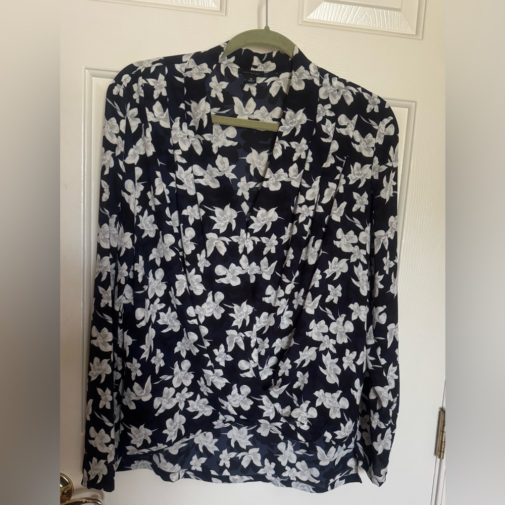 Ann Taylor Navy and White Floral Long Sleeve Blazer
